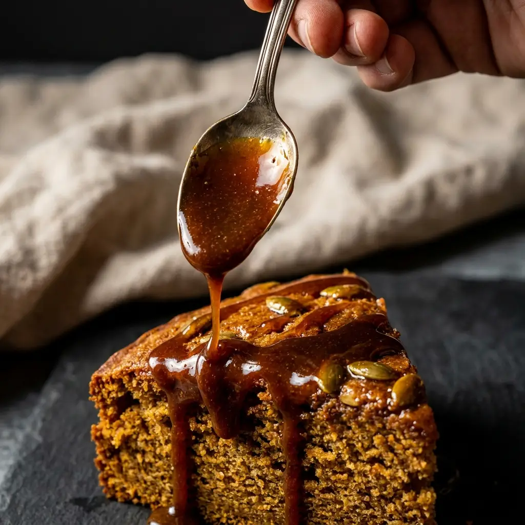 A vintage spoon drizzling sticky miso-cayenne caramel over a slice of pumpkin maple cake.