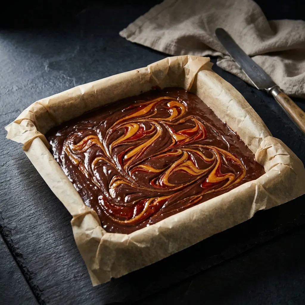 Raw dark chocolate brownie batter swirled with glossy Gochujang caramel in a baking pan.