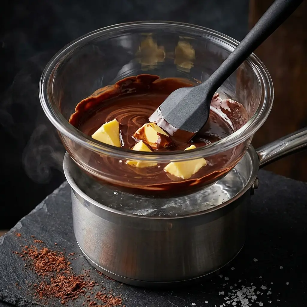 Melting dark chocolate and butter in a bowl for brownie preparation