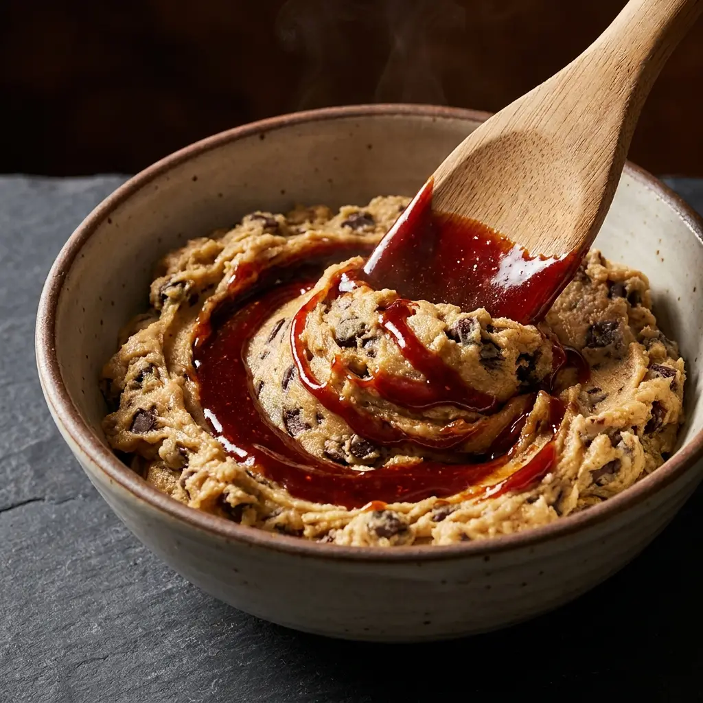 Swirling the vibrant red Gochujang chili caramel into the cookie dough.