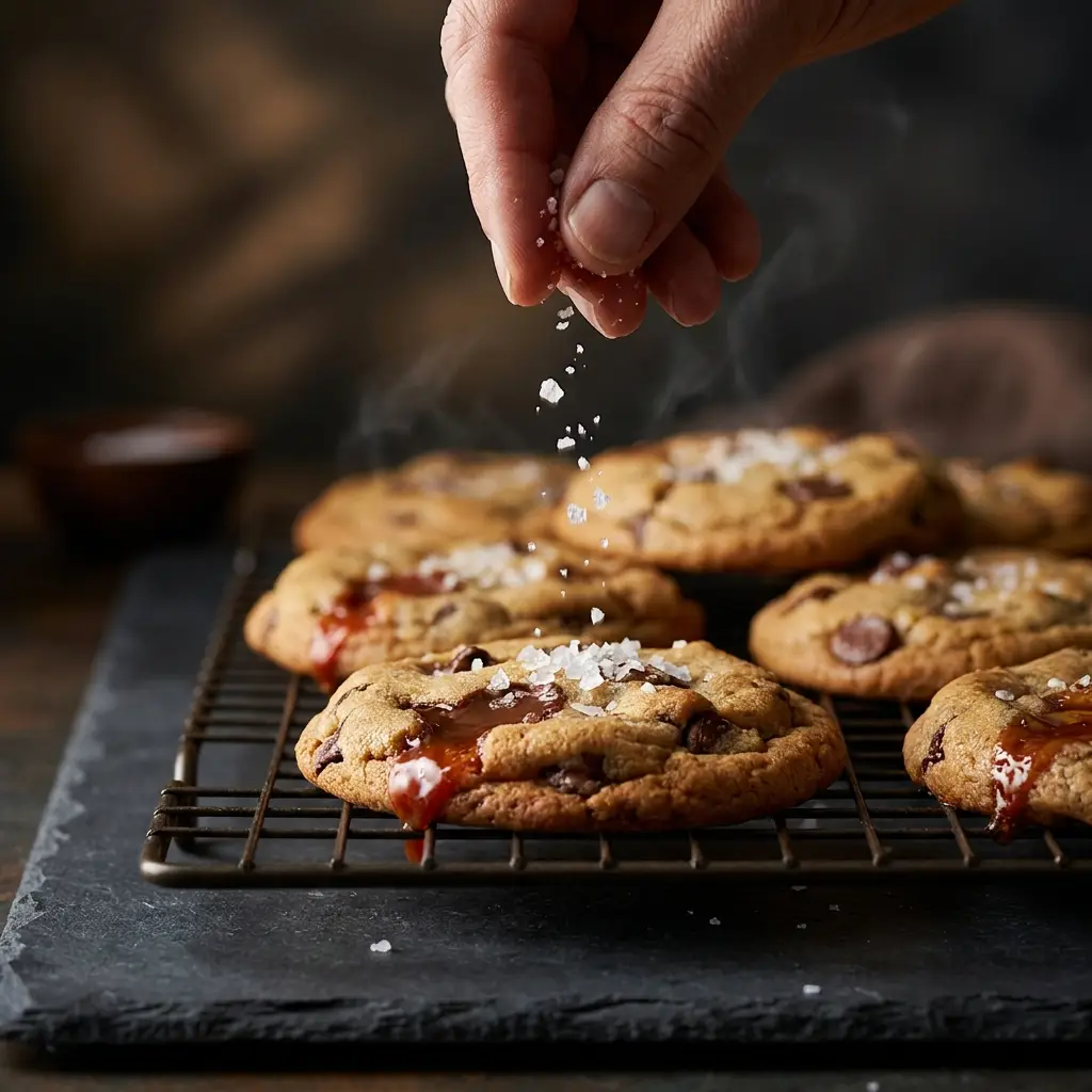 Adding a finishing touch of flaky sea salt to the warm, freshly baked cookies.
