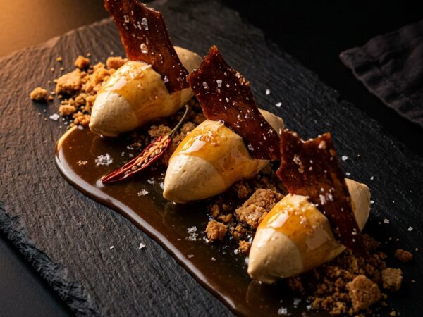 Deconstructed Miso & Cayenne Cheesecake with Salted Caramel Crust