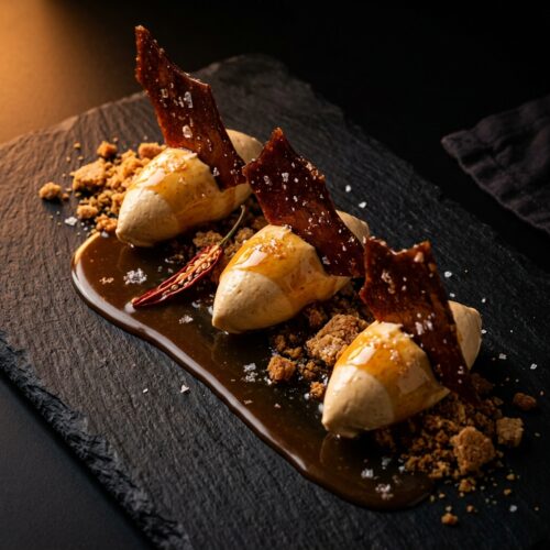 Deconstructed Miso & Cayenne Cheesecake with Salted Caramel Crust