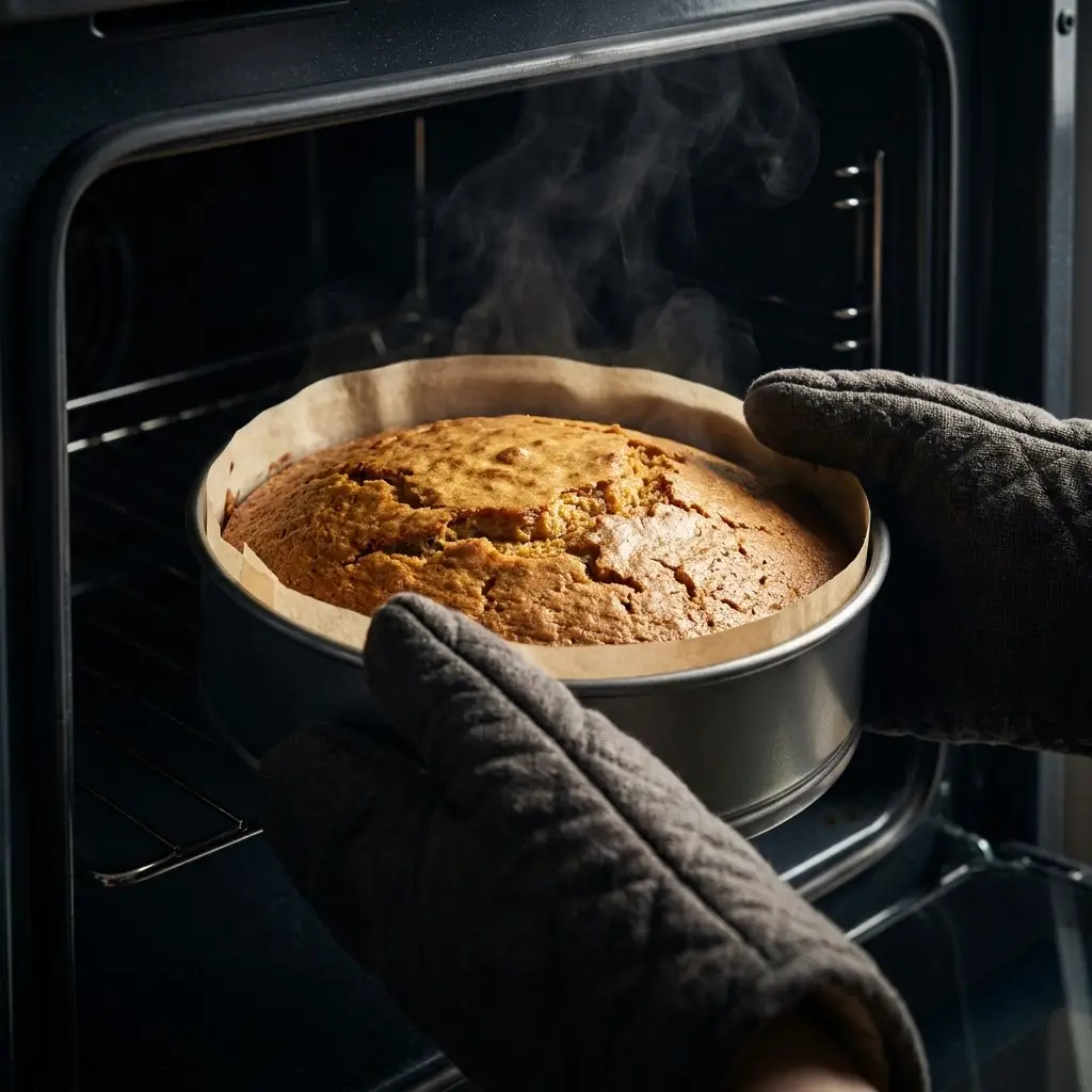 Pulling a golden brown pumpkin maple cake out of a dark, moody oven