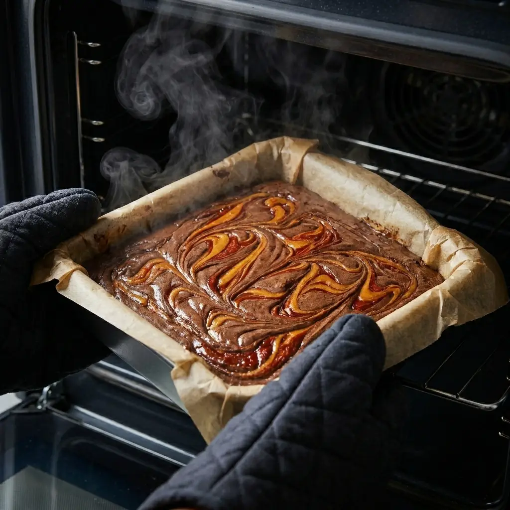 Pulling a hot pan of freshly baked, shiny chocolate fudge brownies out of a modern oven.
