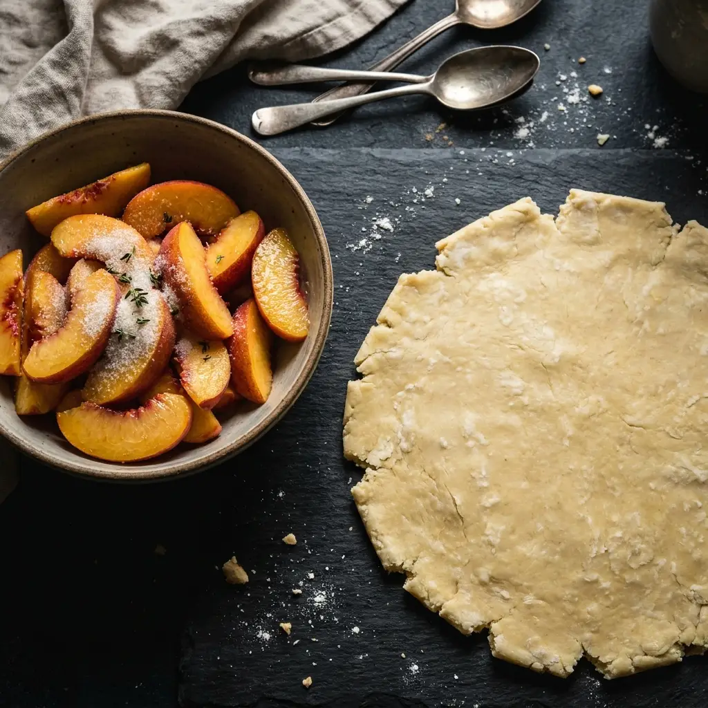 Raw pastry dough and sliced peaches being prepared for a galette on a dark slate background.