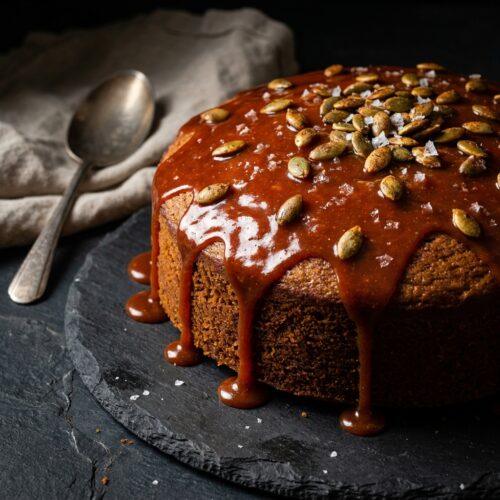 Gooey Miso-Cayenne Caramel Pumpkin Maple Cake: A Sweet, Salty & Spicy Sensation